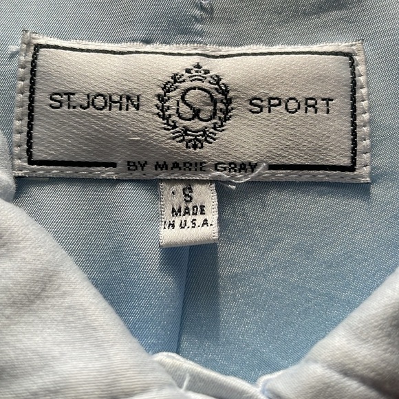 St John Vintage Oversize Lt Blue Barn Jacket Stretch Cotton Logo Button Sz Small - Picture 7 of 10